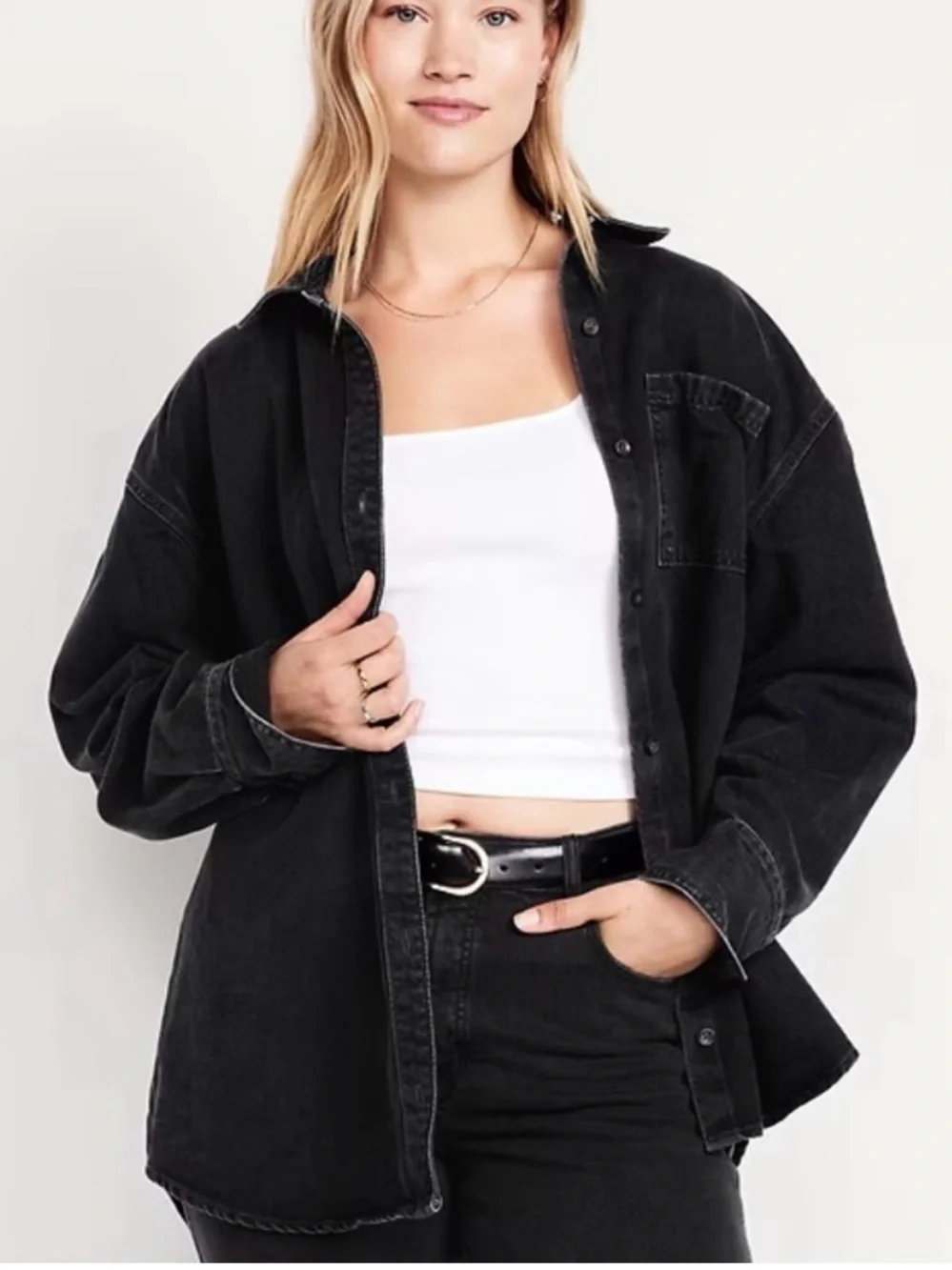 🆕 Black Denim Button Up Boyfriend Shirt Old Navy - Picture 3 of 9